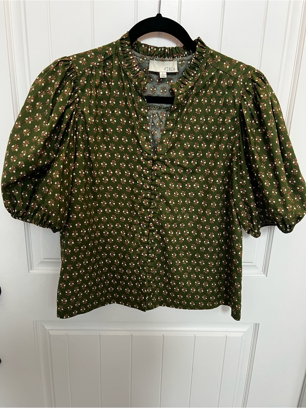 PINCH Olive Floral Puff Sleeve Blouse | Size L - Picture 2 of 9
